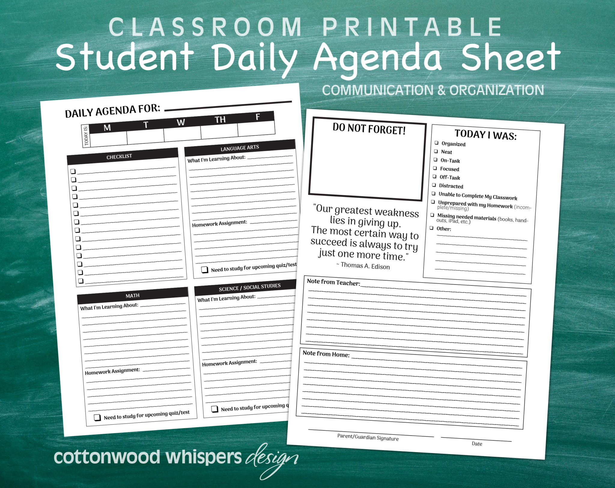 Daily Classroom Student Agenda Sheet Printables By Cottonwood Whispers