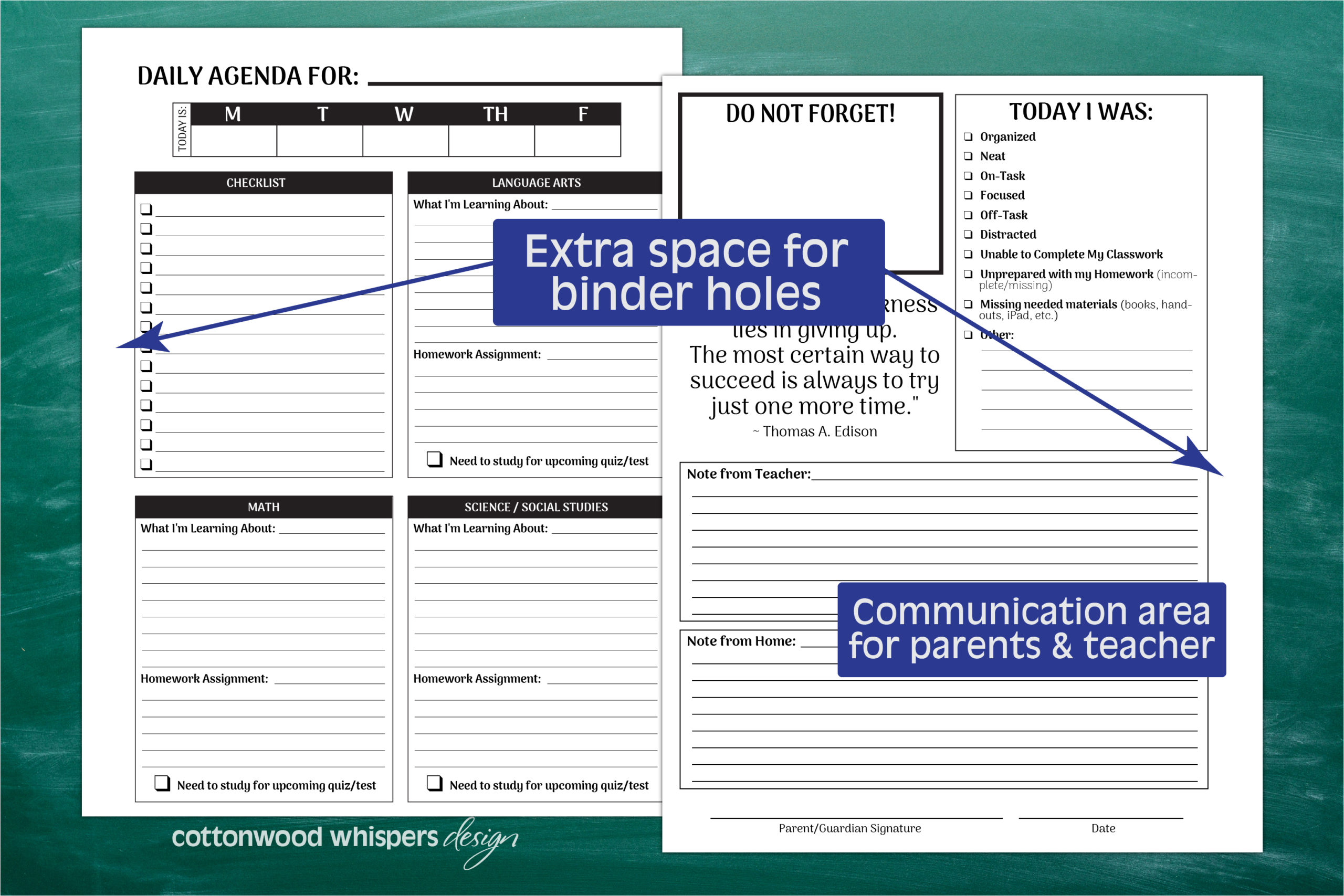 Daily Classroom Student Agenda Sheet Printables By Cottonwood Whispers