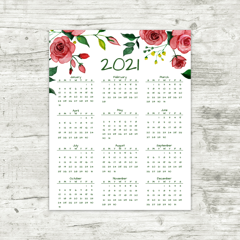 2021 Year At A Glance Calendar | Red Roses | Printable ...
