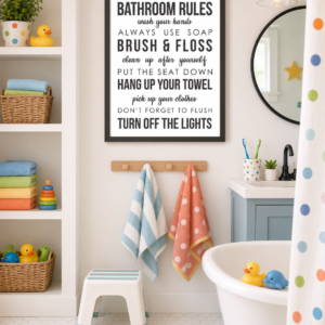 Bathroom rules printable sign in a black frame displayed in a playful kids bathroom with colorful towels, bath toys, and bathroom wall decor