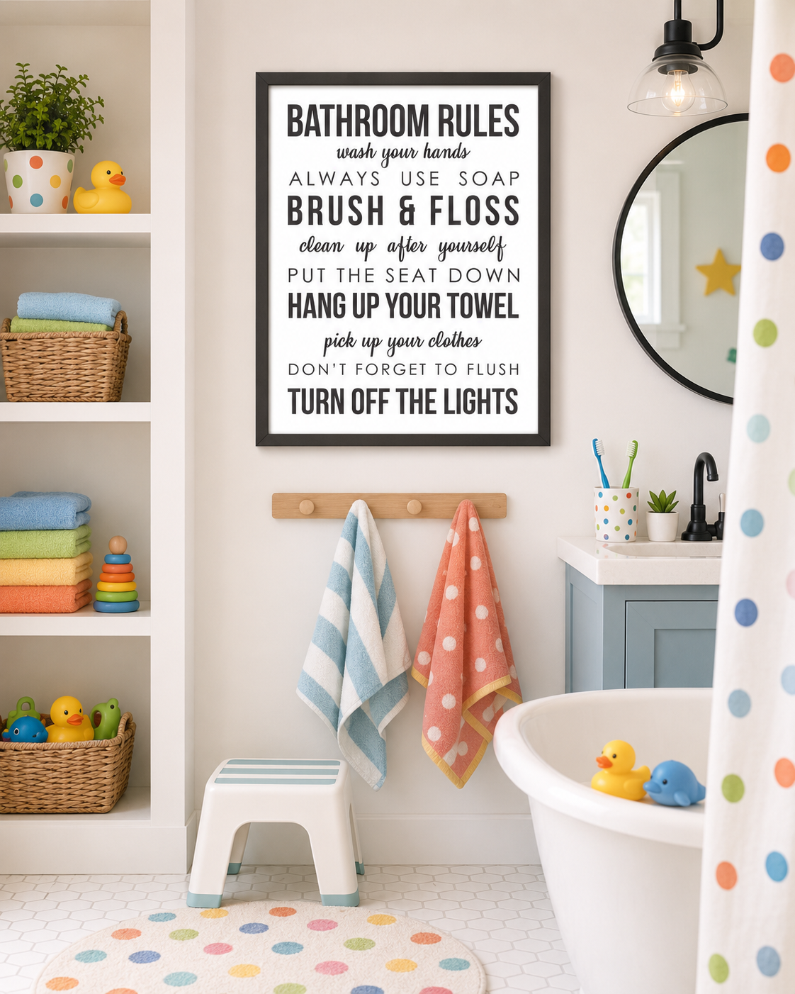 Bathroom rules printable sign in a black frame displayed in a playful kids bathroom with colorful towels, bath toys, and bathroom wall decor