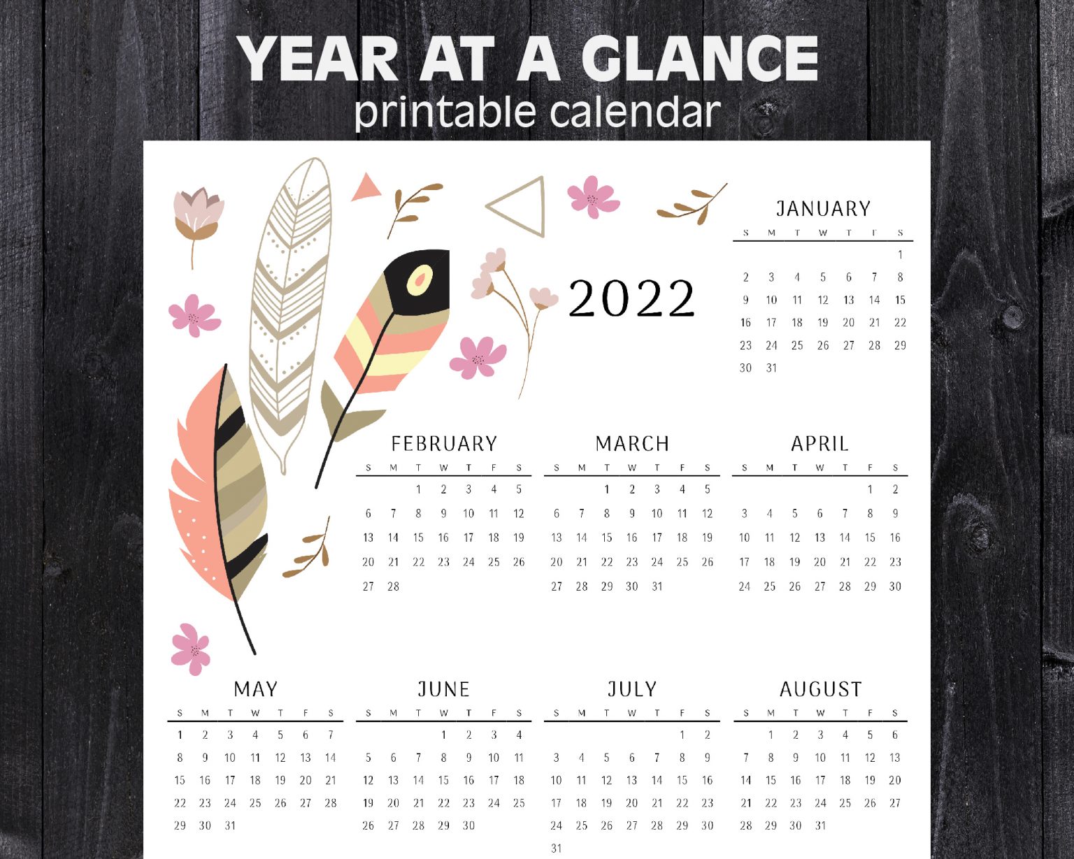 2022 year at a glance calendar feathers printable