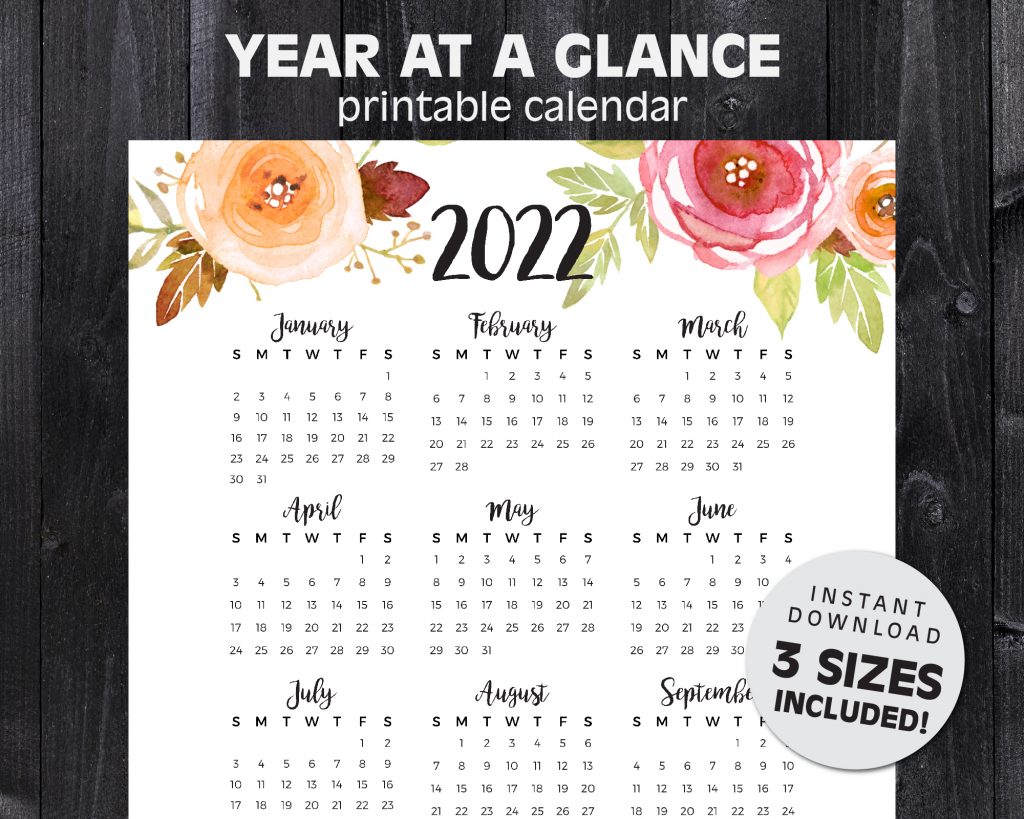 2022 Year At A Glance Calendar Watercolor Roses Printable Calendar