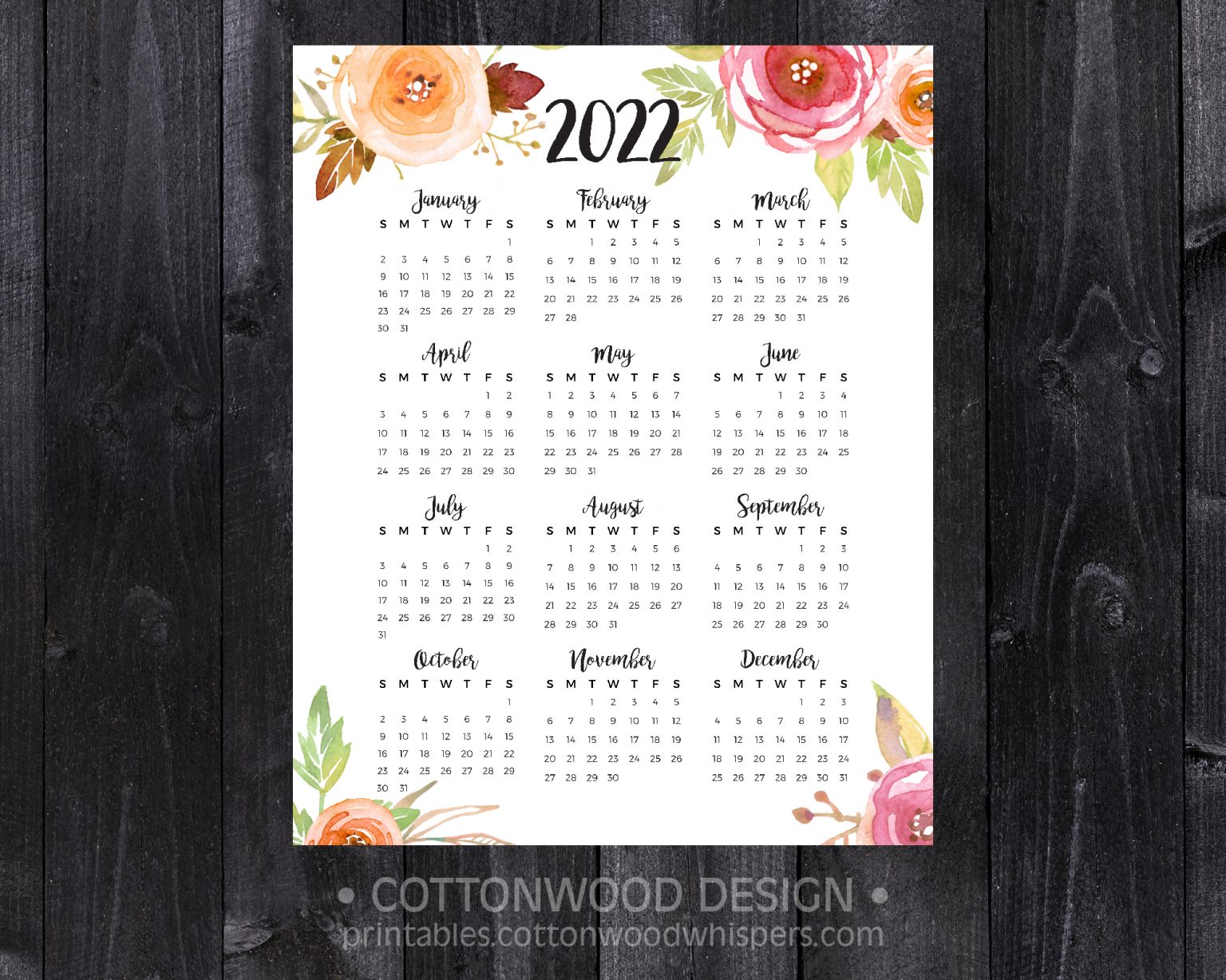 2022 Year At A Glance Calendar Watercolor Roses