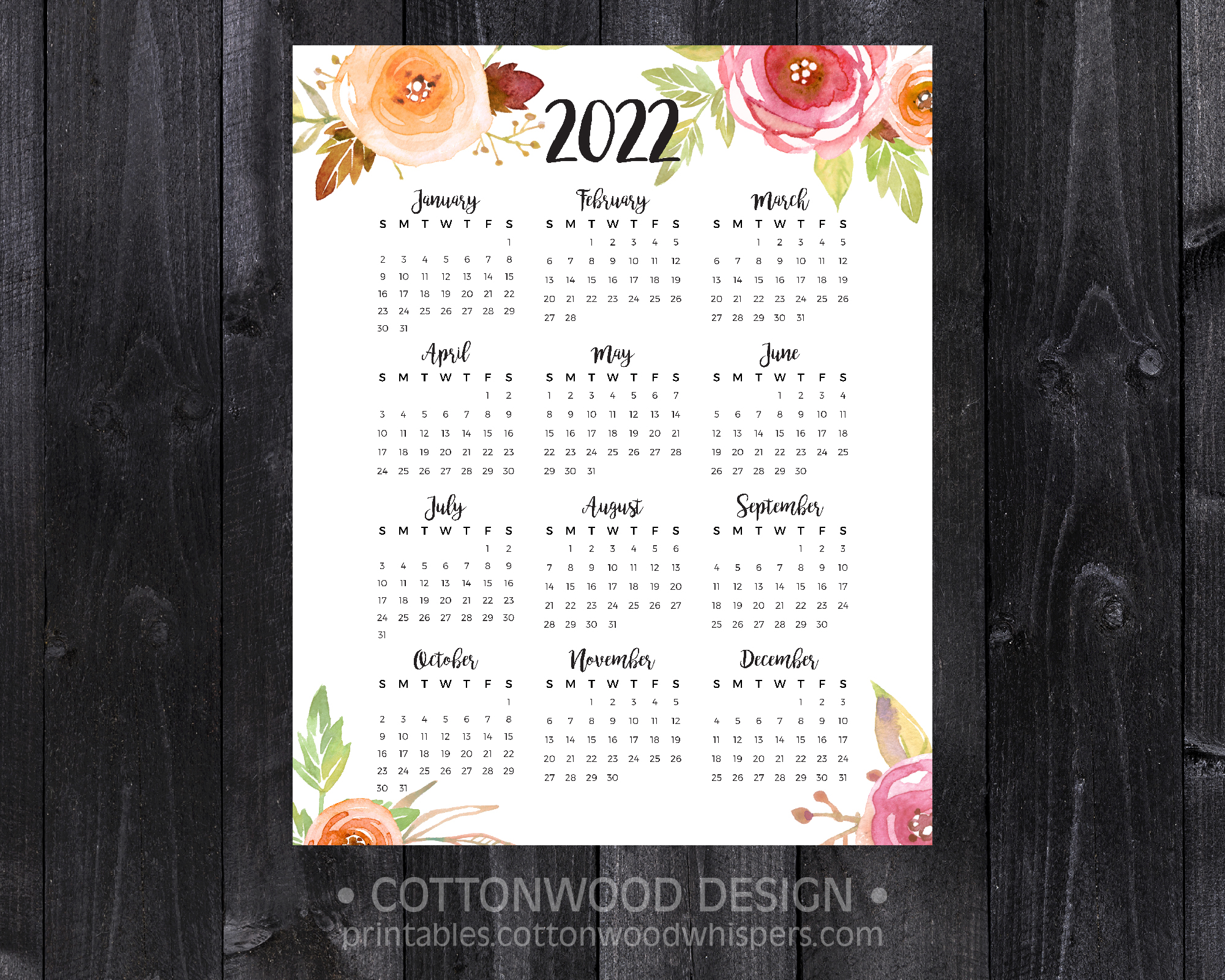 Printable 2022 Year Calendar 2022 Year At A Glance Calendar | Watercolor Roses | Printable Calendar •  Printables By Cottonwood Whispers