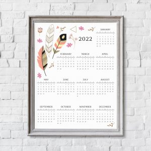 2022 year at a glance calendar printable feathers