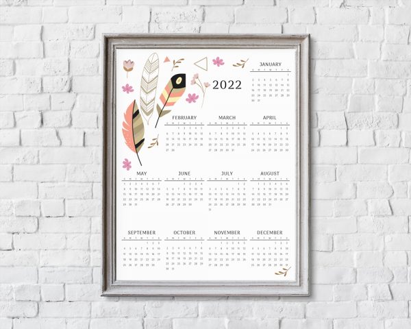 2022 year at a glance calendar printable feathers