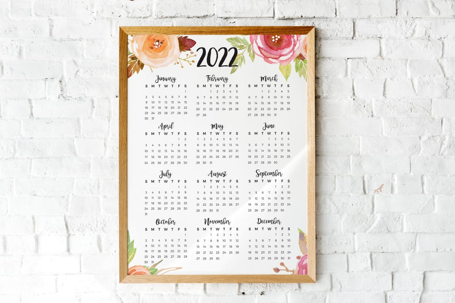 2022 year at a glance calendar watercolor roses printable calendar