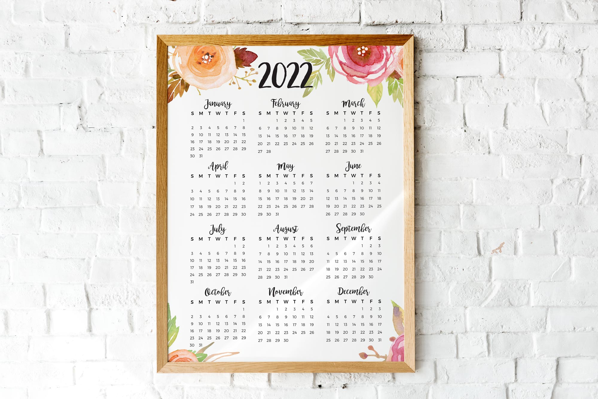 2022 Year At A Glance Calendar Watercolor Roses Printable Calendar Printables By Cottonwood Whispers