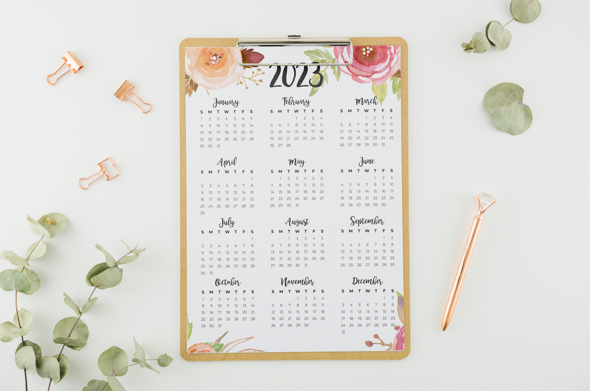 2023 Printable Calendar Year at a Glance, Watercolor Roses