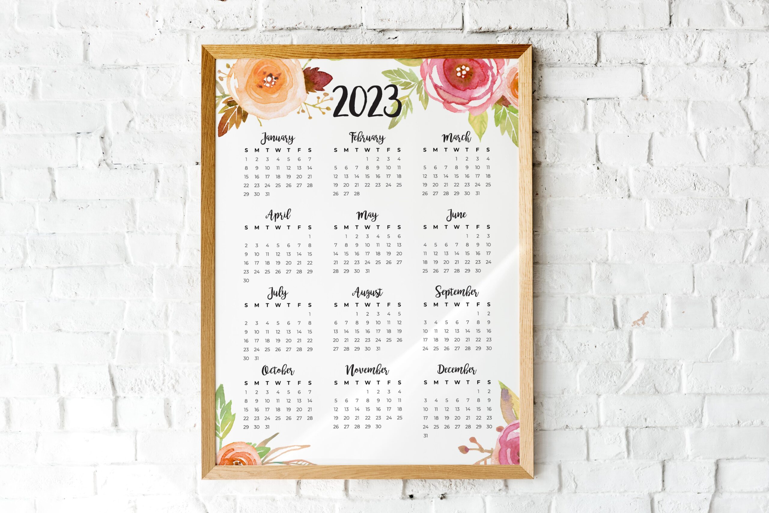 2023 Printable Calendar Year at a Glance, Watercolor Roses