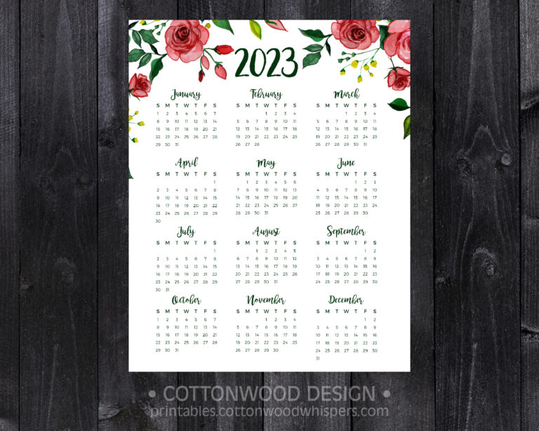 2023 Printable Calendar Year at a Glance, Red Rose Art